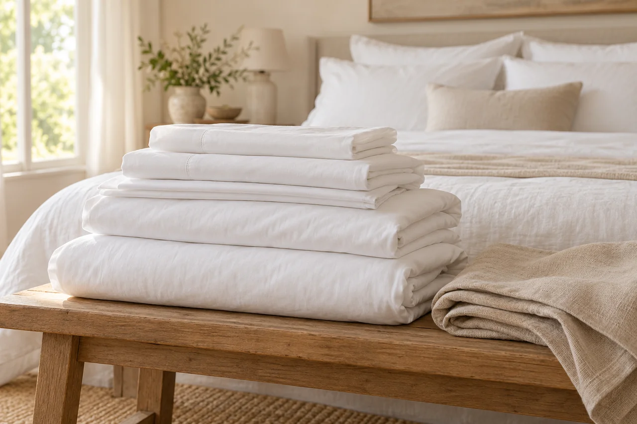 Freshly folded white bed sheets, duvet covers and pillowcases